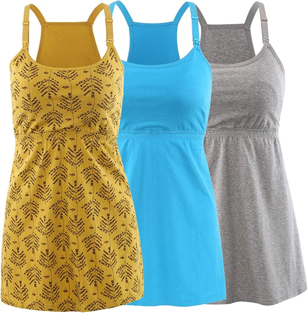 Maternity Nursing Tank Top, Women Maternity Cami Nursing Sleep Bra Breastfeeding Tops for Pregnancy Grey+yellow+lake Blue/3pack / X-Large