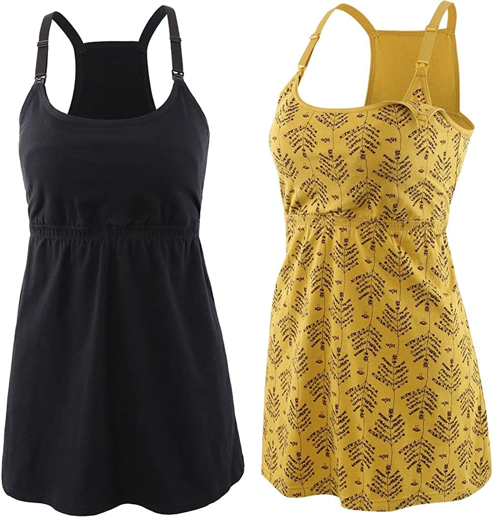 Maternity Nursing Tank Top, Women Maternity Cami Nursing Sleep Bra Breastfeeding Tops for Pregnancy Black+yellow Print/2pack / Small