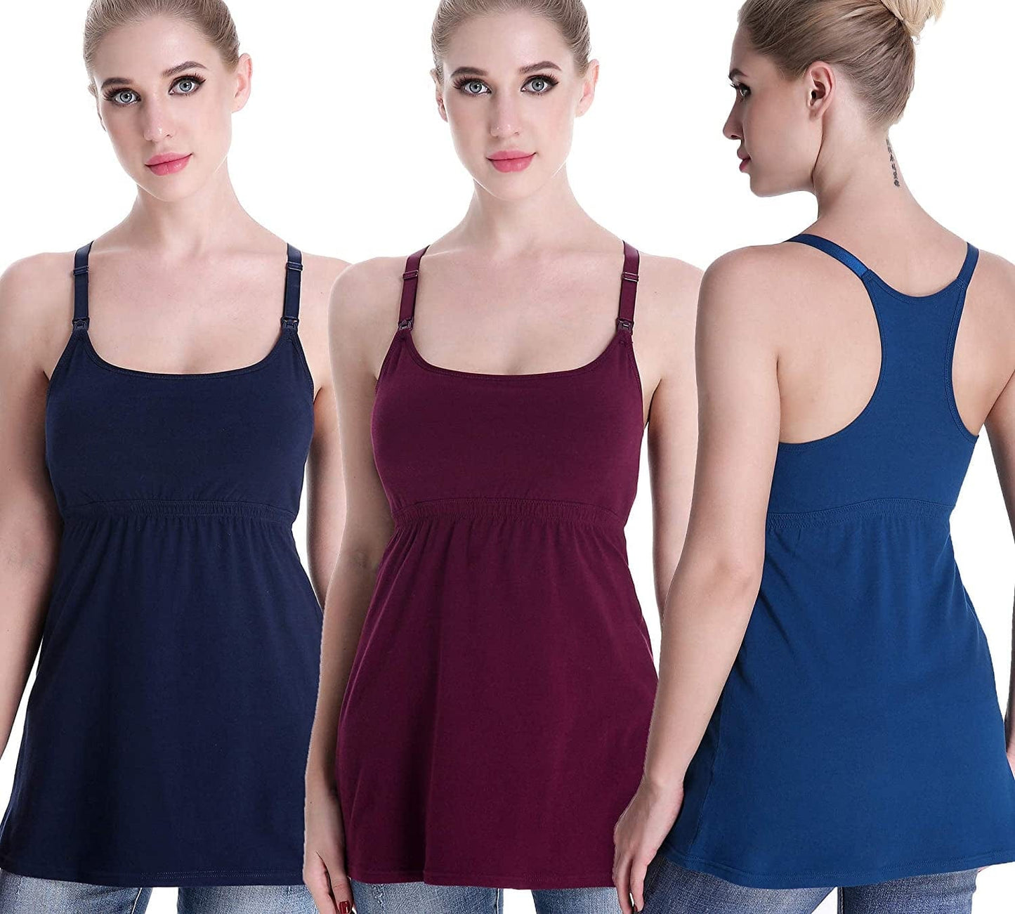 Maternity Nursing Tank Tops with Shelf Bra Breastfeeding Cami Shirt 3-Pack B-burgundy+navy+atrovirens - Second Style / Medium