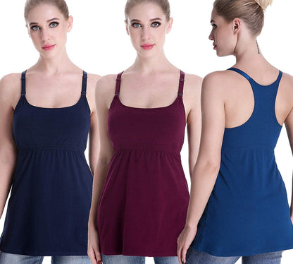 Maternity Nursing Tank Tops with Shelf Bra Breastfeeding Cami Shirt 3-Pack B-burgundy+navy+atrovirens - Second Style / Medium
