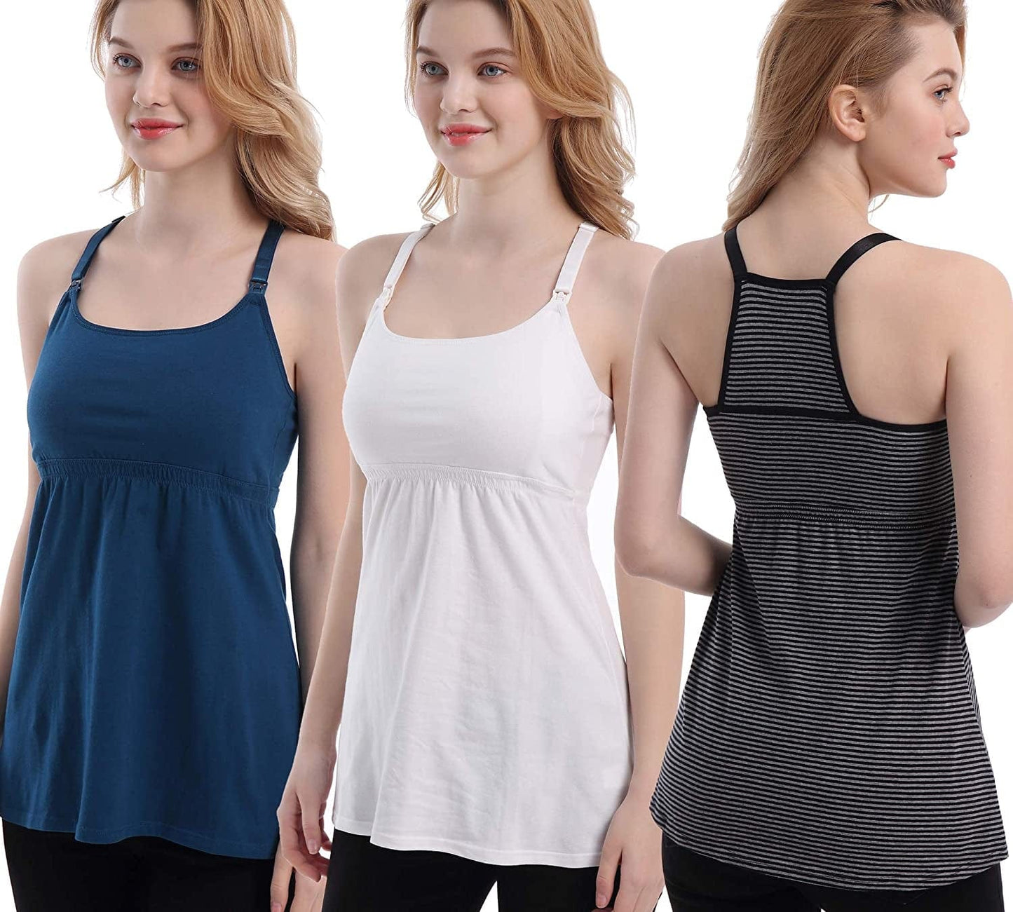 Maternity Nursing Tank Tops with Shelf Bra Breastfeeding Cami Shirt 3-Pack A-stripe/Atrovirens/White - First Style / Large
