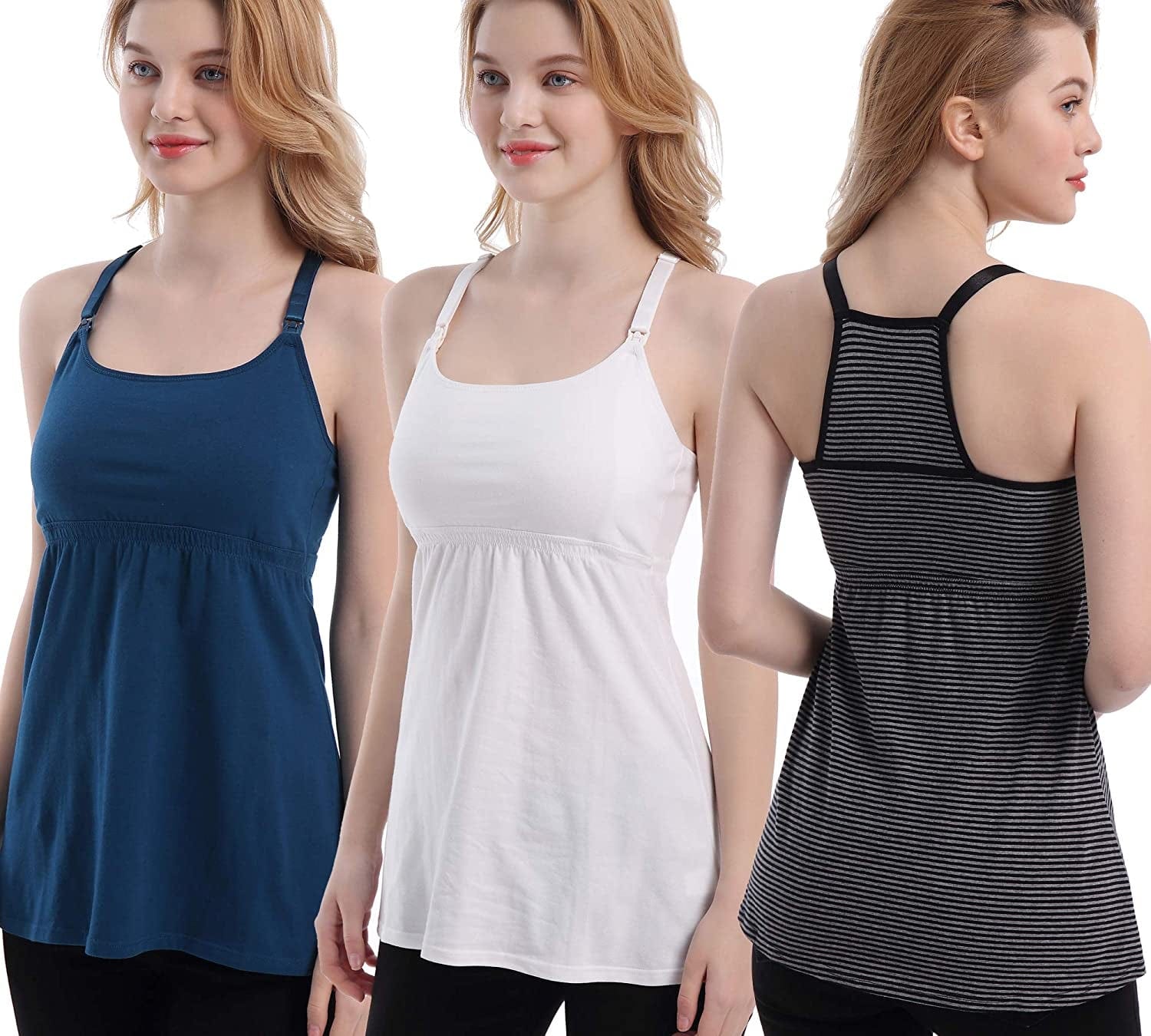 Maternity Nursing Tank Tops with Shelf Bra Breastfeeding Cami Shirt 3-Pack A-stripe/Atrovirens/White - First Style / Large
