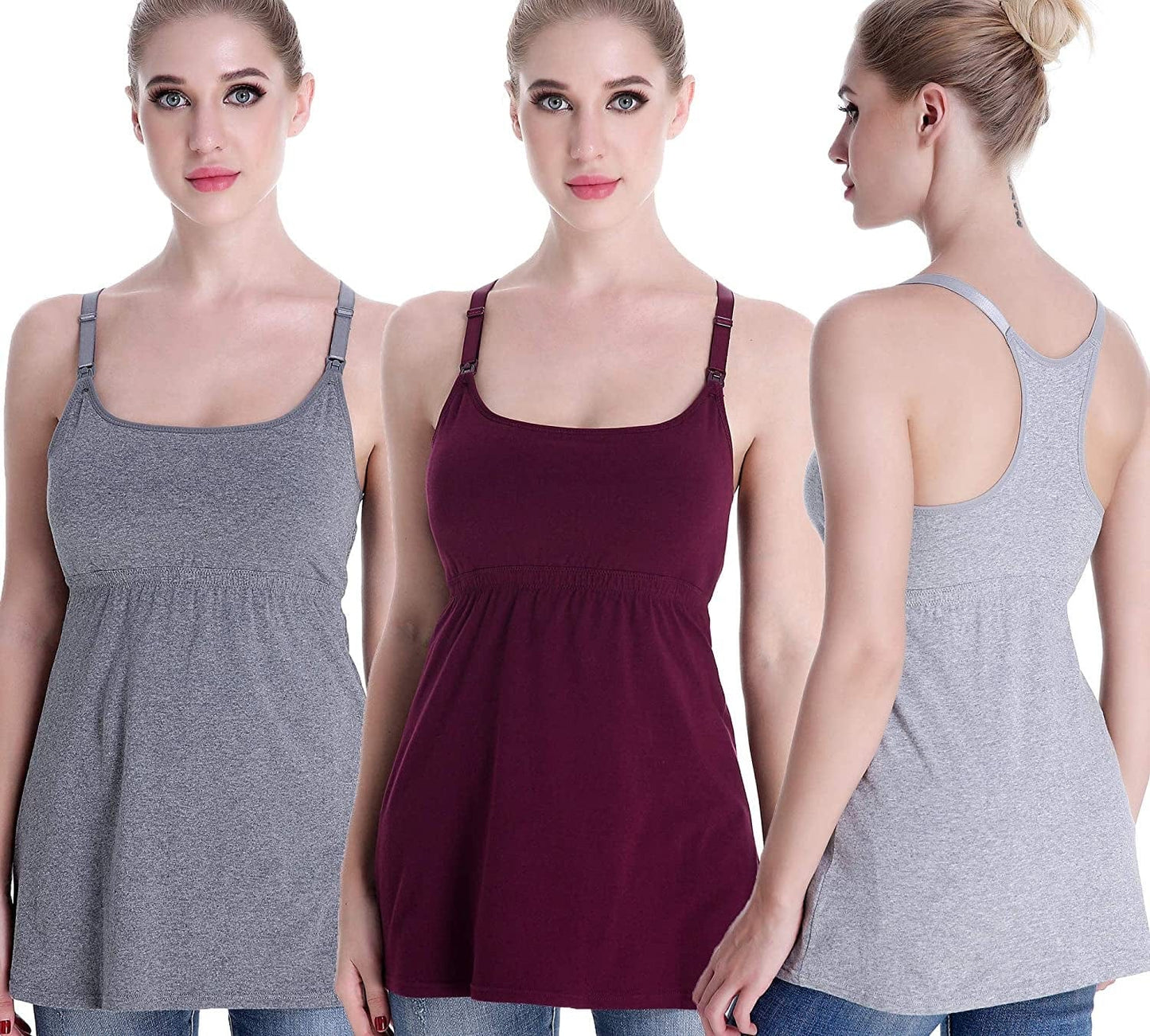 Maternity Nursing Tank Tops with Shelf Bra Breastfeeding Cami Shirt 3-Pack B-charcoal+grey+burgundy - Second Style / Medium