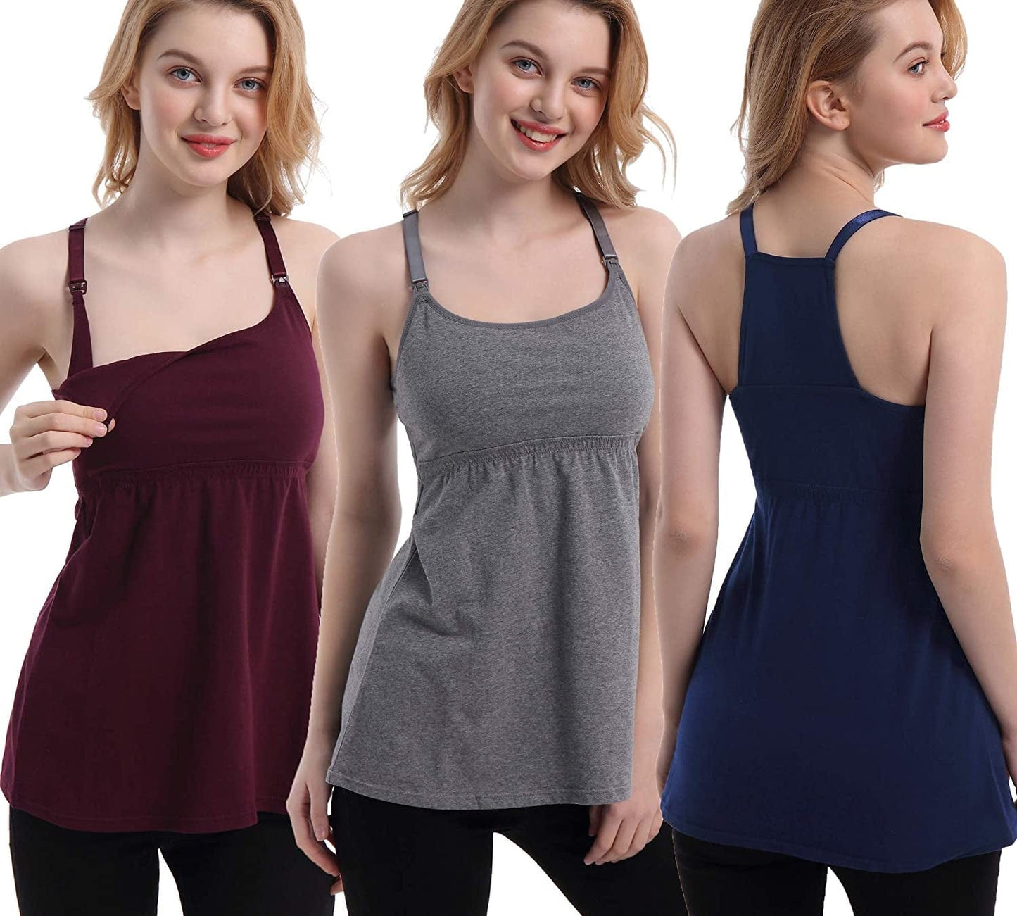 Maternity Nursing Tank Tops with Shelf Bra Breastfeeding Cami Shirt 3-Pack A-burgundy/Navy/Charcoal - First Style / Medium