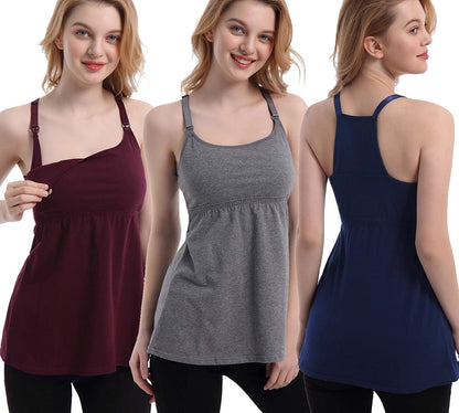 Maternity Nursing Tank Tops with Shelf Bra Breastfeeding Cami Shirt 3-Pack A-burgundy/Navy/Charcoal - First Style / Medium
