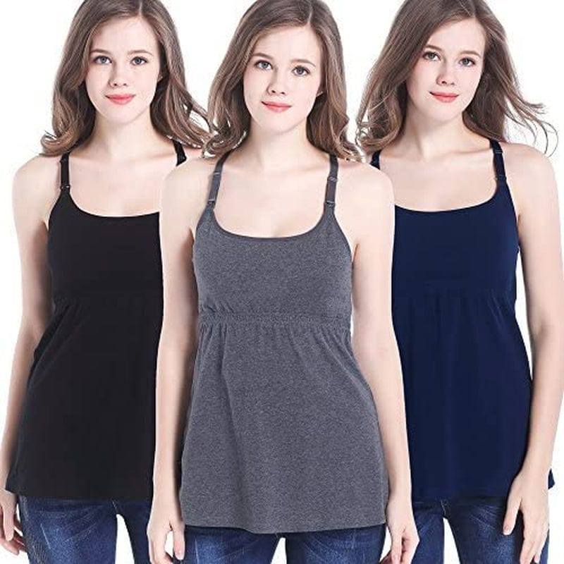 Maternity Nursing Tank Tops with Shelf Bra Breastfeeding Cami Shirt 3-Pack C-black+navy+dark Grey - Third Style / Medium