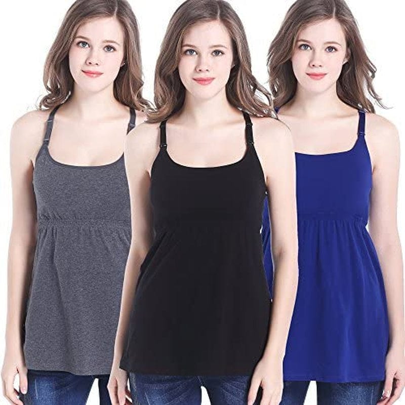 Maternity Nursing Tank Tops with Shelf Bra Breastfeeding Cami Shirt 3-Pack C-black+dark Grey+royal Blue - Third Style / Medium