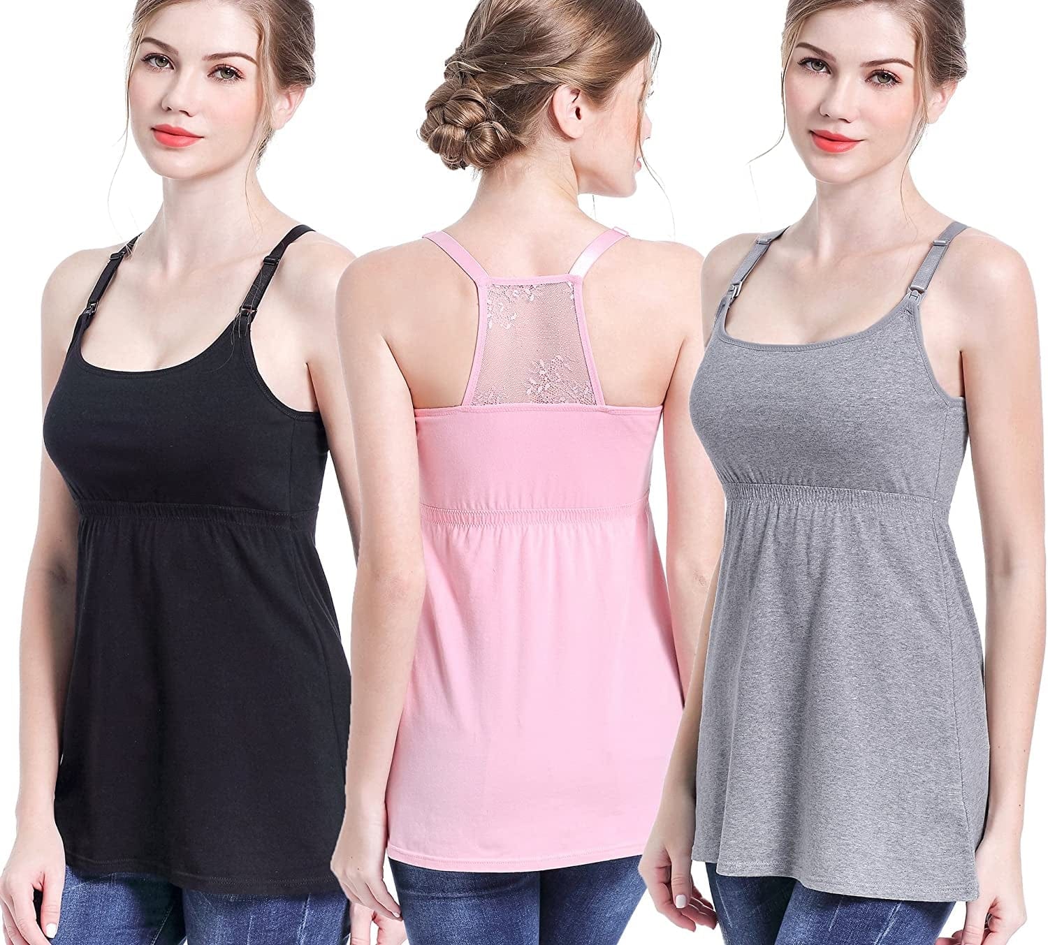 Maternity Nursing Tank Tops with Shelf Bra Breastfeeding Cami Shirt 3-Pack C-black+grey+pink - Third Style / X-Large