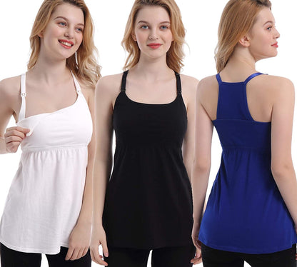 Maternity Nursing Tank Tops with Shelf Bra Breastfeeding Cami Shirt 3-Pack A-black/Royal Blue/White - First Style / Medium