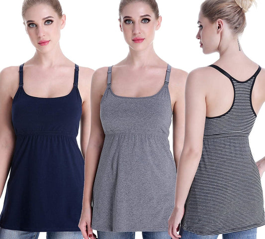 Maternity Nursing Tank Tops with Shelf Bra Breastfeeding Cami Shirt 3-Pack B-navy+charcoal+stripe - Second Style / X-Large