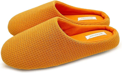 MAXHONG Womens Cotton Waffle Lightweight House Slippers with Memory Foam, Washable Home Slippers,Indoor Comfy Bedroom Cozy Slippers Slip On Orange / 11-12