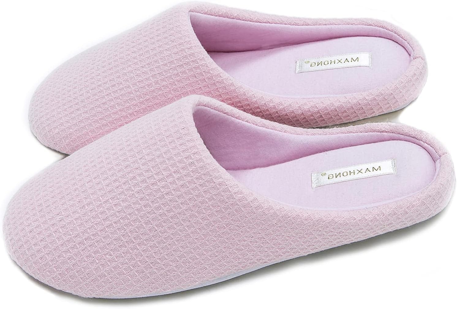 MAXHONG Womens Cotton Waffle Lightweight House Slippers with Memory Foam, Washable Home Slippers,Indoor Comfy Bedroom Cozy Slippers Slip On Pink / 11-12
