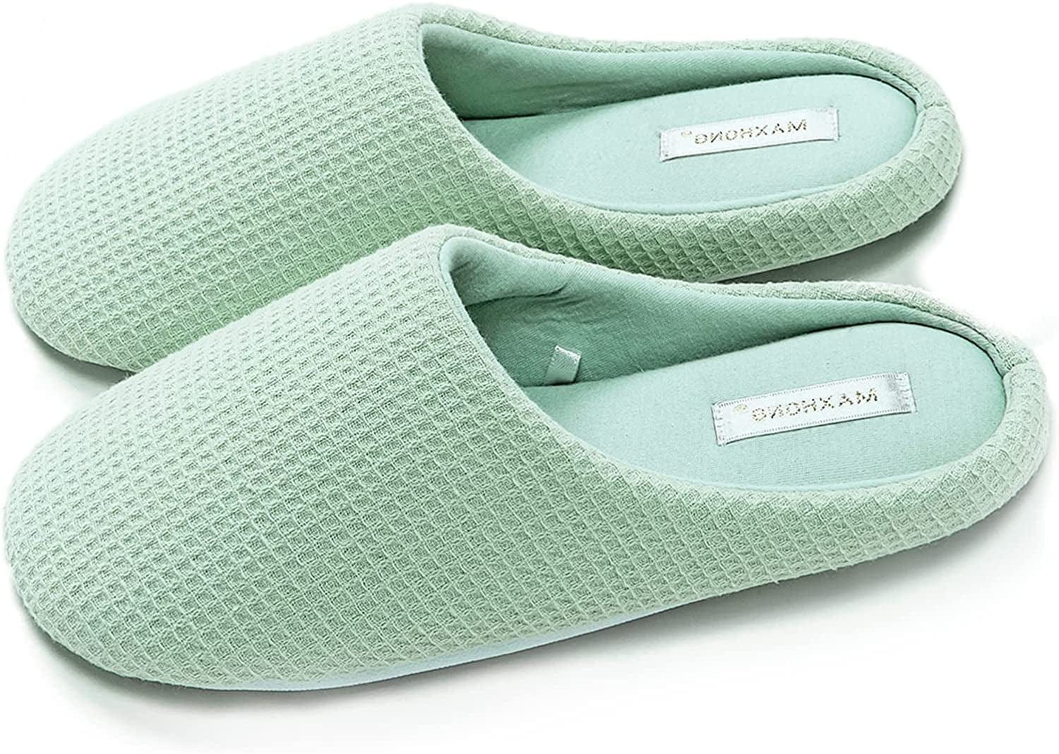 MAXHONG Womens Cotton Waffle Lightweight House Slippers with Memory Foam, Washable Home Slippers,Indoor Comfy Bedroom Cozy Slippers Slip On Green / 11-12