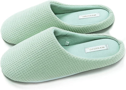 MAXHONG Womens Cotton Waffle Lightweight House Slippers with Memory Foam, Washable Home Slippers,Indoor Comfy Bedroom Cozy Slippers Slip On Green / 11-12