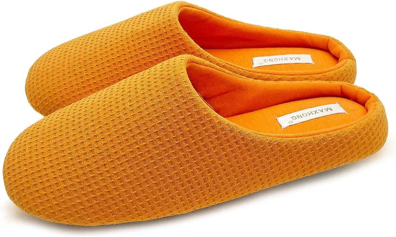 MAXHONG Womens Cotton Waffle Lightweight House Slippers with Memory Foam, Washable Home Slippers,Indoor Comfy Bedroom Cozy Slippers Slip On Orange / 5-6