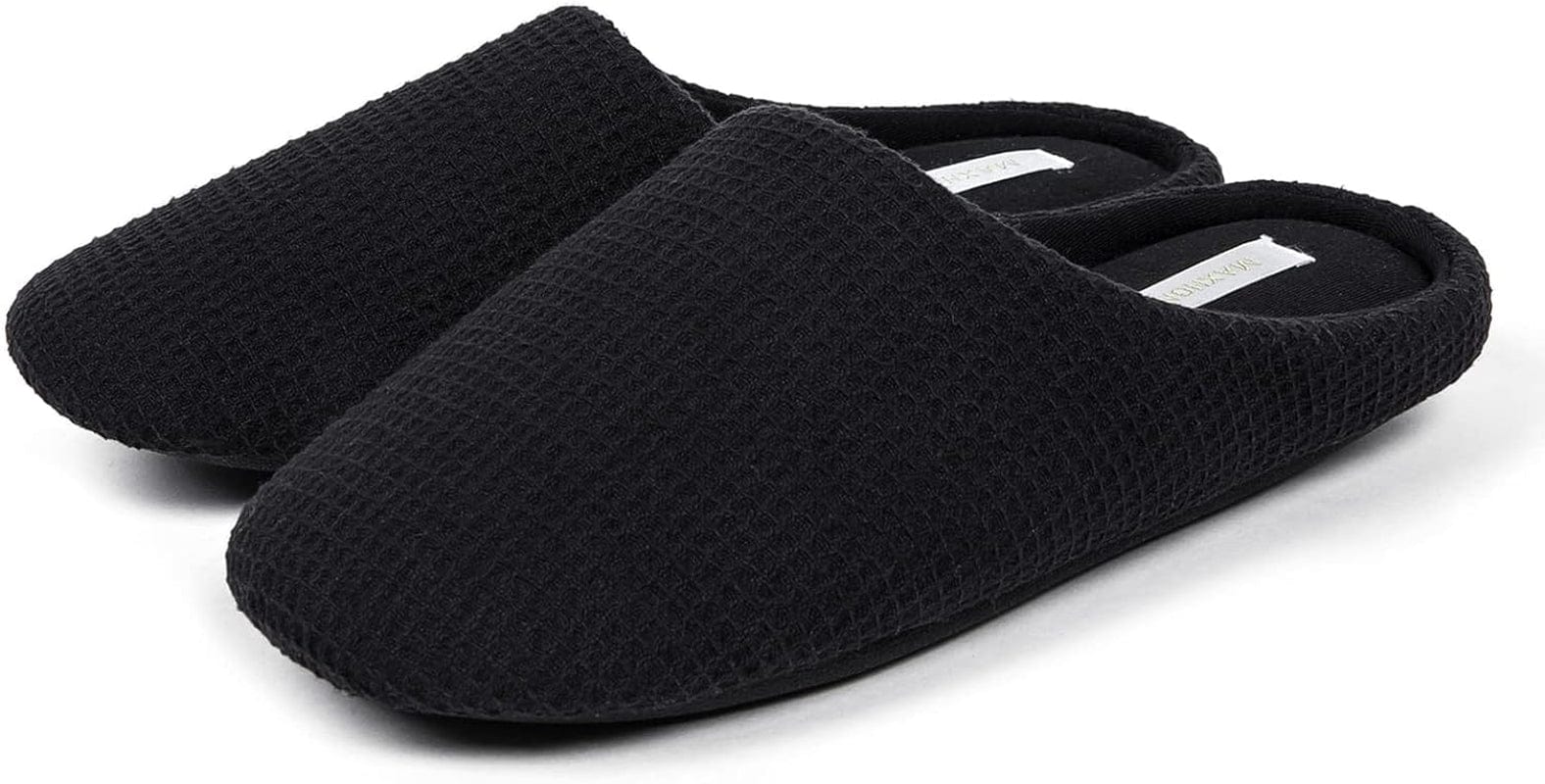 MAXHONG Womens Cotton Waffle Lightweight House Slippers with Memory Foam, Washable Home Slippers,Indoor Comfy Bedroom Cozy Slippers Slip On Black / 7-8