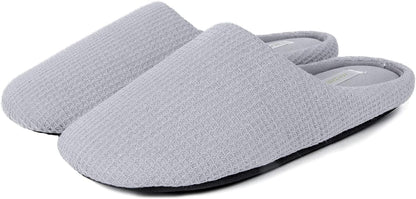 MAXHONG Womens Cotton Waffle Lightweight House Slippers with Memory Foam, Washable Home Slippers,Indoor Comfy Bedroom Cozy Slippers Slip On Grey / 11-12
