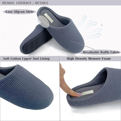 MAXHONG Womens Cotton Waffle Lightweight House Slippers with Memory Foam, Washable Home Slippers,Indoor Comfy Bedroom Cozy Slippers Slip On