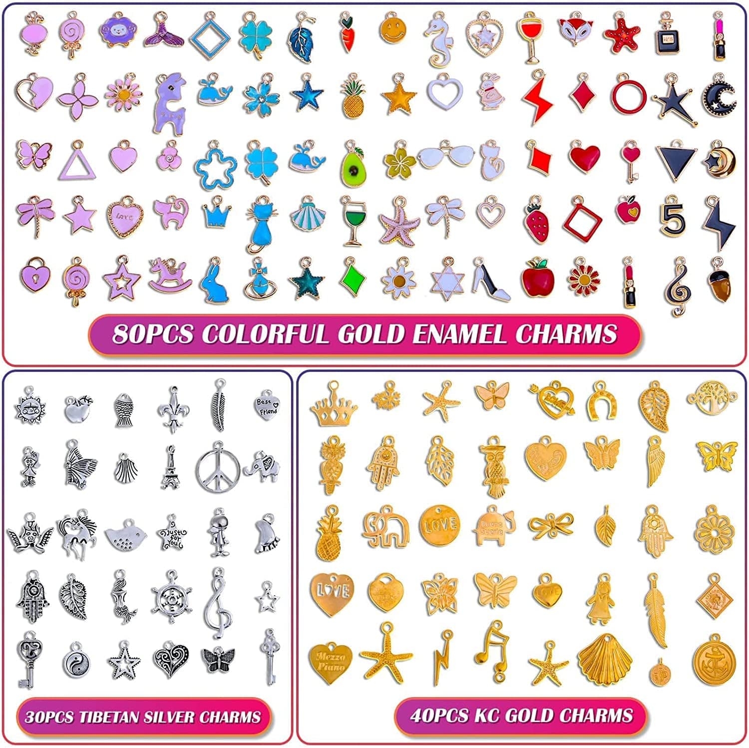 Mckanti 150PCS Bracelet Charms for Jewelry Making Wholesale Bulk Lots Jewelry Making Silver Bracelet Charms Gold Plated Enamel Charms Pendants for Necklace Bracelet Jewelry Making and Crafting.