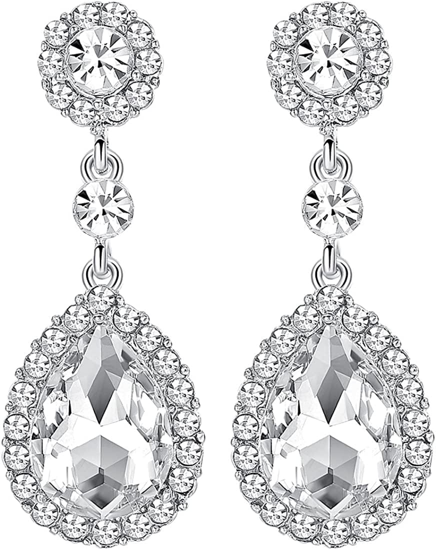 Mecresh Flower Teardrop Earring and Bracelets Silver/Gold/Champagne Bridal Jewelry Sets for Women A-Clear earrings