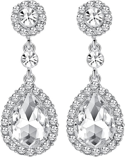 Mecresh Flower Teardrop Earring and Bracelets Silver/Gold/Champagne Bridal Jewelry Sets for Women A-Clear earrings