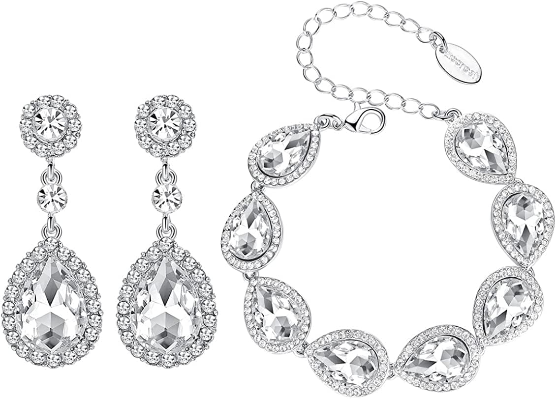 Mecresh Flower Teardrop Earring and Bracelets Silver/Gold/Champagne Bridal Jewelry Sets for Women A-Clear