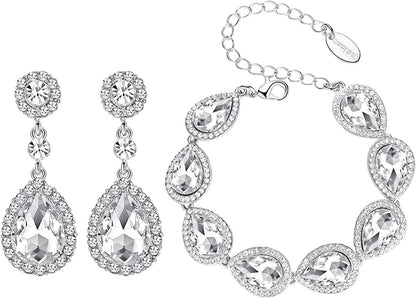 Mecresh Flower Teardrop Earring and Bracelets Silver/Gold/Champagne Bridal Jewelry Sets for Women A-Clear