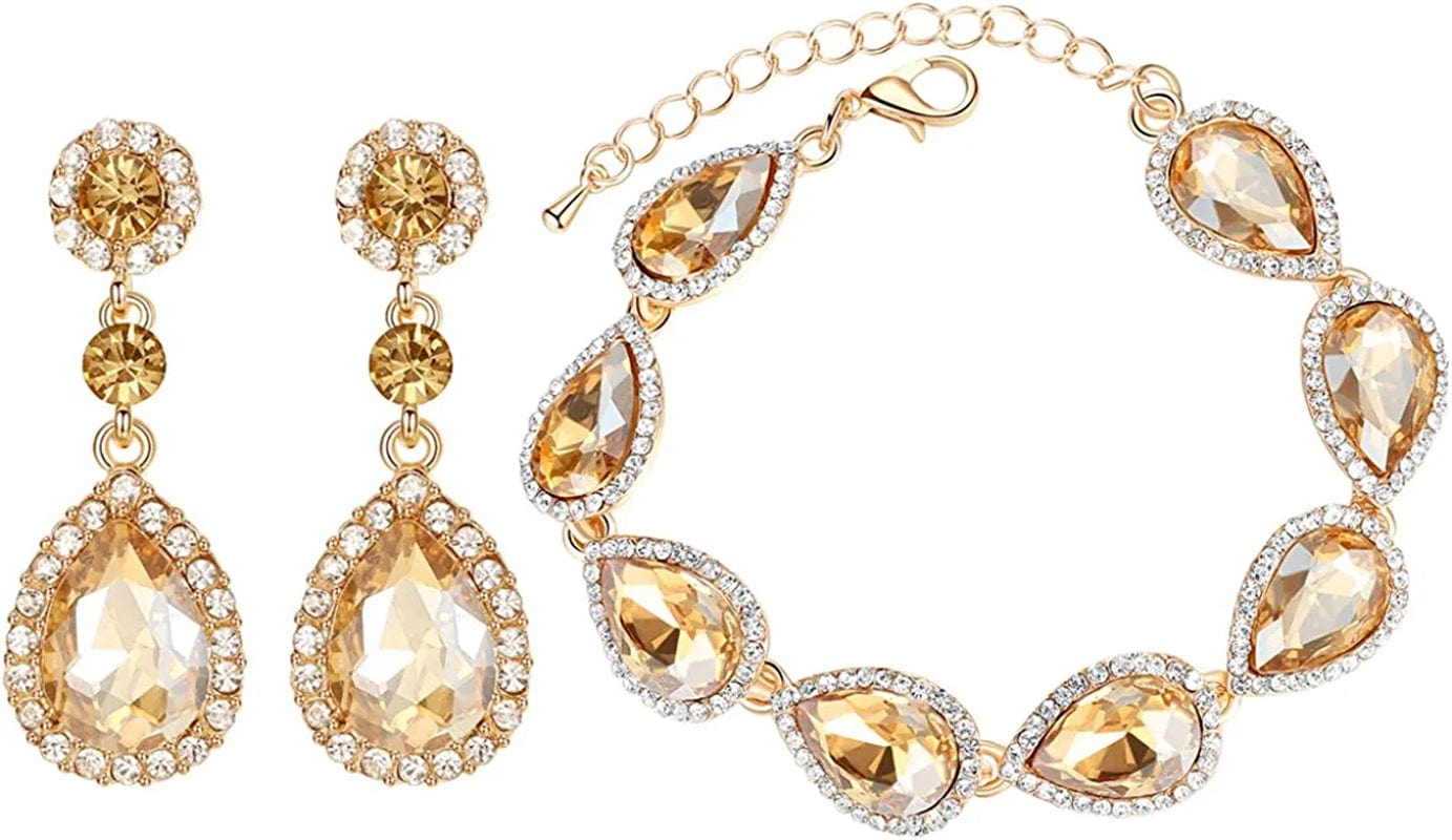 Mecresh Flower Teardrop Earring and Bracelets Silver/Gold/Champagne Bridal Jewelry Sets for Women B-Champagne