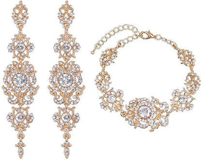 Mecresh Flower Teardrop Earring and Bracelets Silver/Gold/Champagne Bridal Jewelry Sets for Women F-Champagne