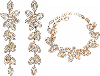 Mecresh Flower Teardrop Earring and Bracelets Silver/Gold/Champagne Bridal Jewelry Sets for Women D-Champagne