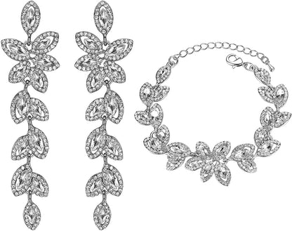 Mecresh Flower Teardrop Earring and Bracelets Silver/Gold/Champagne Bridal Jewelry Sets for Women C-Clear