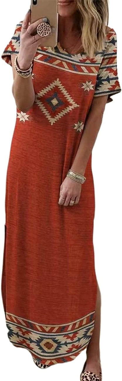 Melliflo Women Western Dress Casual Crewneck Aztec Print Side Split Maxi Long Dresses Red / X-Large