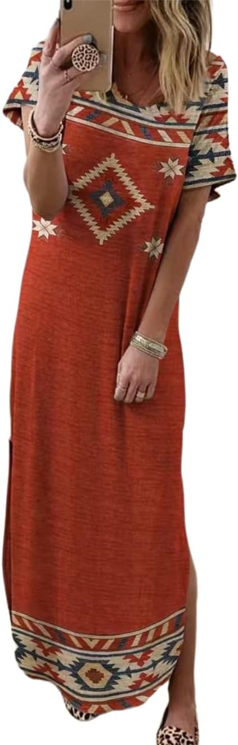 Melliflo Women Western Dress Casual Crewneck Aztec Print Side Split Maxi Long Dresses Red / Xx-Large
