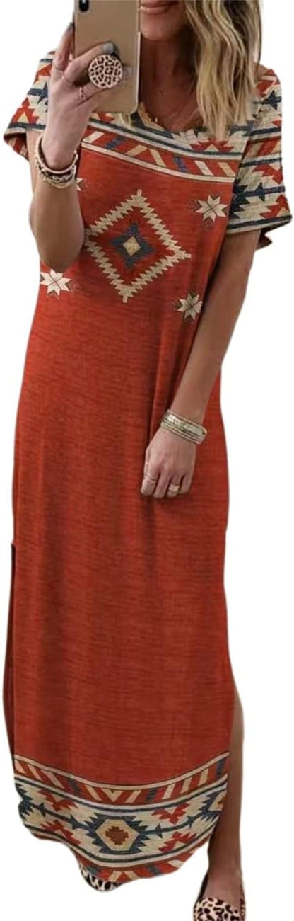 Melliflo Women Western Dress Casual Crewneck Aztec Print Side Split Maxi Long Dresses Red / Xx-Large
