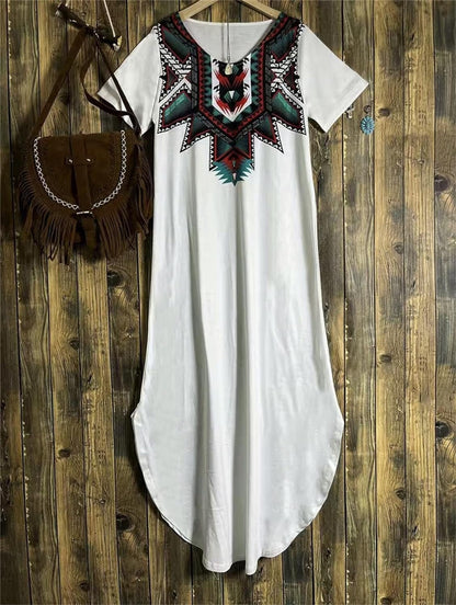 Melliflo Women Western Dress Casual Crewneck Aztec Print Side Split Maxi Long Dresses