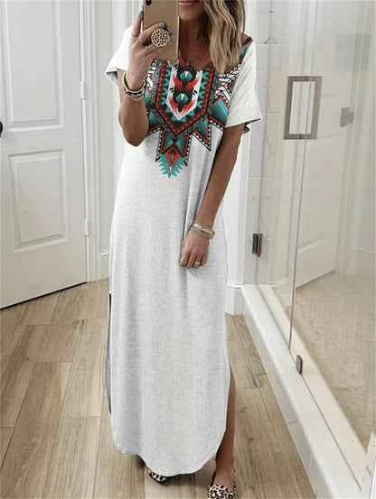 Melliflo Women Western Dress Casual Crewneck Aztec Print Side Split Maxi Long Dresses