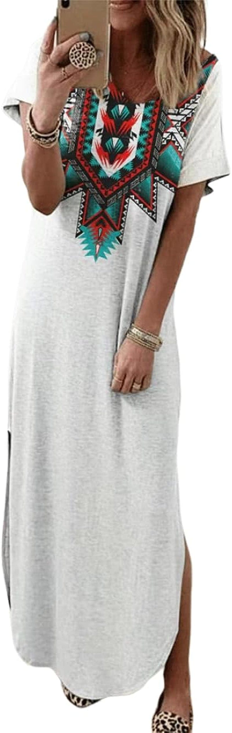 Melliflo Women Western Dress Casual Crewneck Aztec Print Side Split Maxi Long Dresses