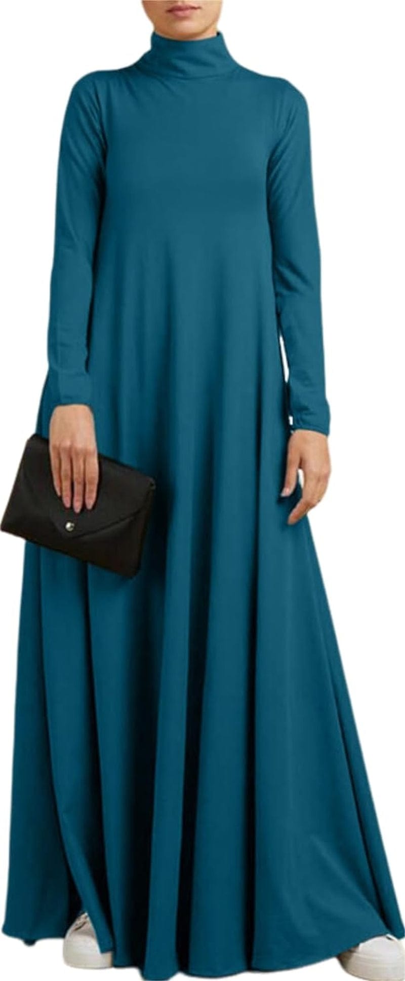 Melliflo Womens Long Sleeve Mock Neck Maxi Dress Solid Color Casual Swing Dresses Fall T Shirt Dress with Pockets Teal / Medium