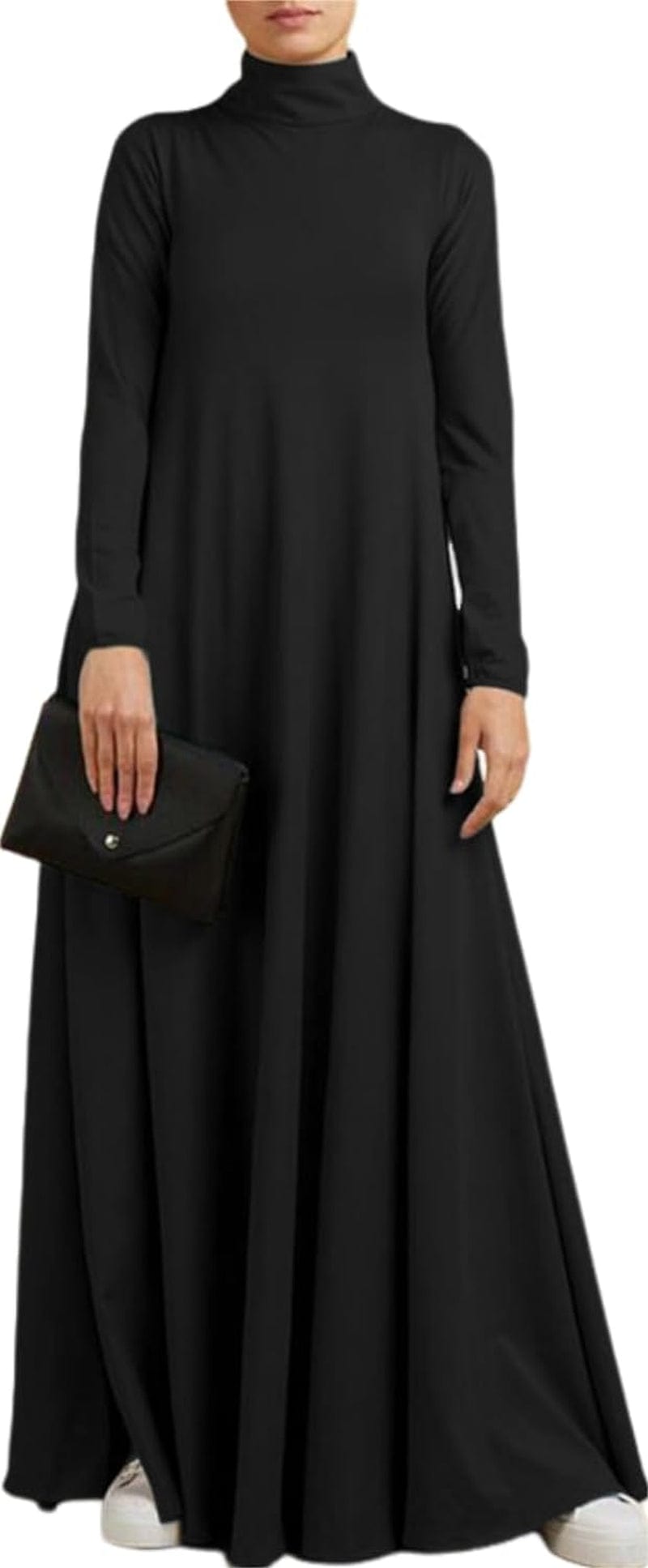 Melliflo Womens Long Sleeve Mock Neck Maxi Dress Solid Color Casual Swing Dresses Fall T Shirt Dress with Pockets Black / Large