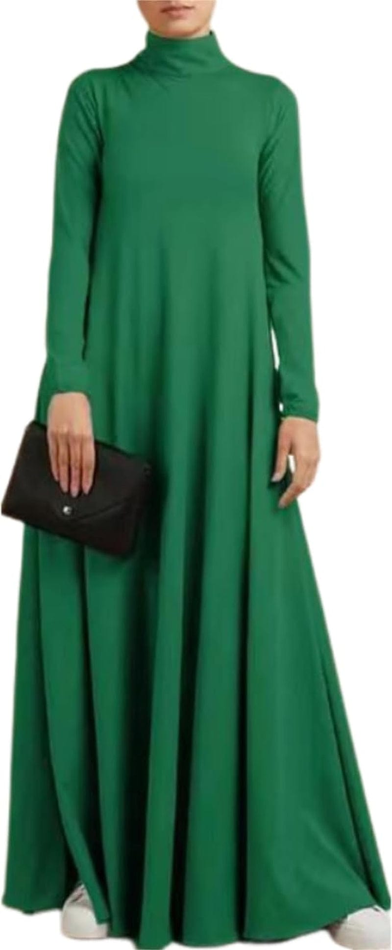 Melliflo Womens Long Sleeve Mock Neck Maxi Dress Solid Color Casual Swing Dresses Fall T Shirt Dress with Pockets Green / Xx-Large
