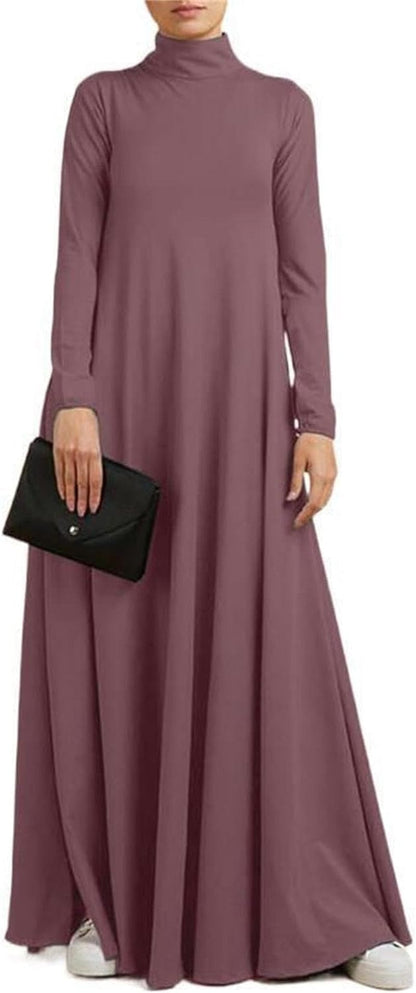 Melliflo Womens Long Sleeve Mock Neck Maxi Dress Solid Color Casual Swing Dresses Fall T Shirt Dress with Pockets Dusty Pink / Xx-Large