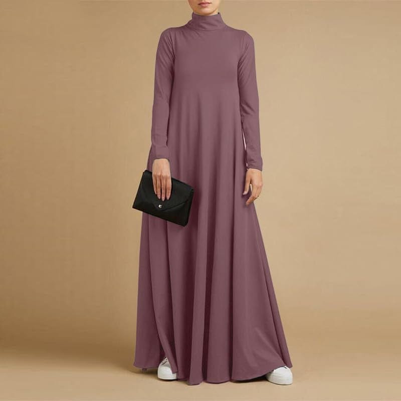 Melliflo Womens Long Sleeve Mock Neck Maxi Dress Solid Color Casual Swing Dresses Fall T Shirt Dress with Pockets