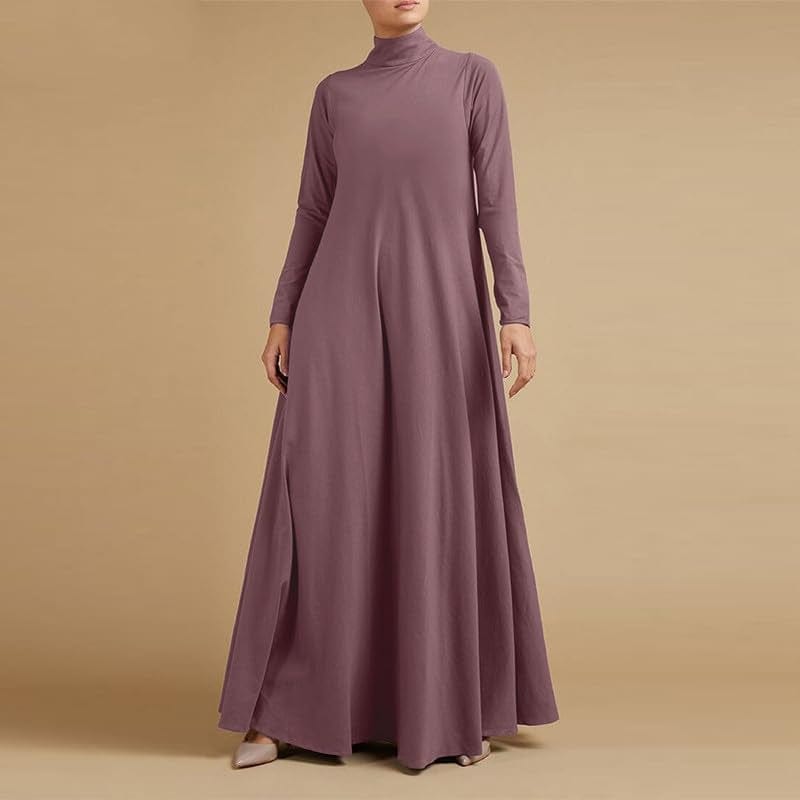 Melliflo Womens Long Sleeve Mock Neck Maxi Dress Solid Color Casual Swing Dresses Fall T Shirt Dress with Pockets