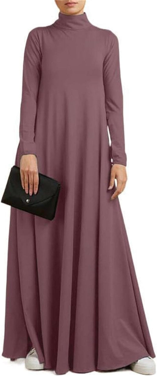 Melliflo Womens Long Sleeve Mock Neck Maxi Dress Solid Color Casual Swing Dresses Fall T Shirt Dress with Pockets