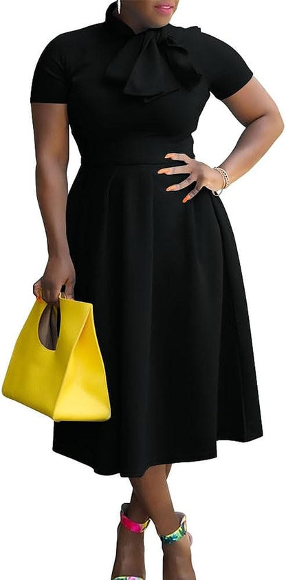 Memoriesea Women'S Elegant Casual Short Sleeve Work Party A-Line Dress with Pockets Black / Small