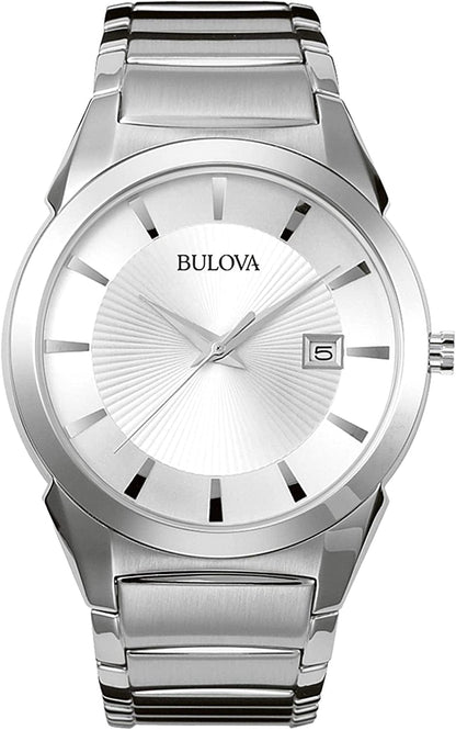 Men'S Classic Stainless Steel 3-Hand Calendar Date Quartz Watch, Silver Tone Dial Style: 96B015