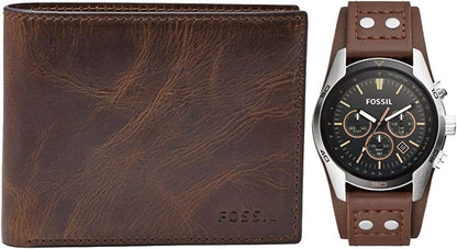Men'S Coachman Stainless Steel and Leather Casual Cuff Quartz Watch brown wallet + watch