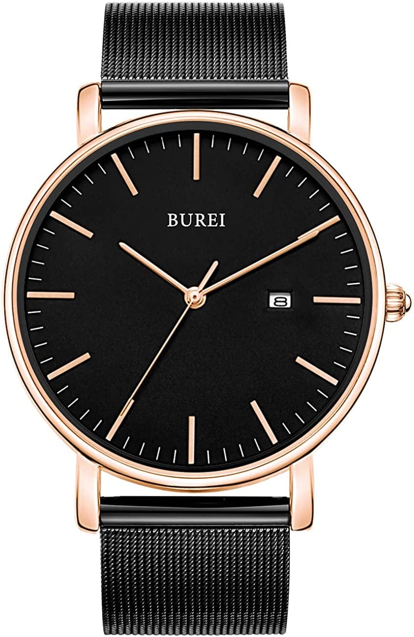 Men'S Fashion Minimalist Wrist Watch Analog Date with Stainless Steel Mesh Band black rose gold
