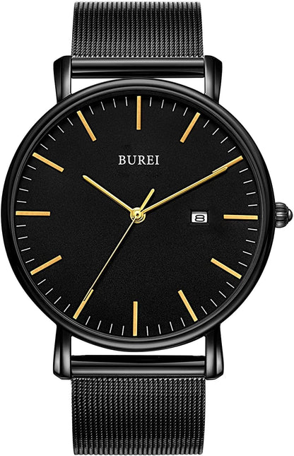 Men'S Fashion Minimalist Wrist Watch Analog Date with Stainless Steel Mesh Band Gold dark black
