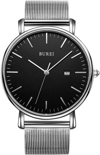 Men'S Fashion Minimalist Wrist Watch Analog Date with Stainless Steel Mesh Band Black Silver
